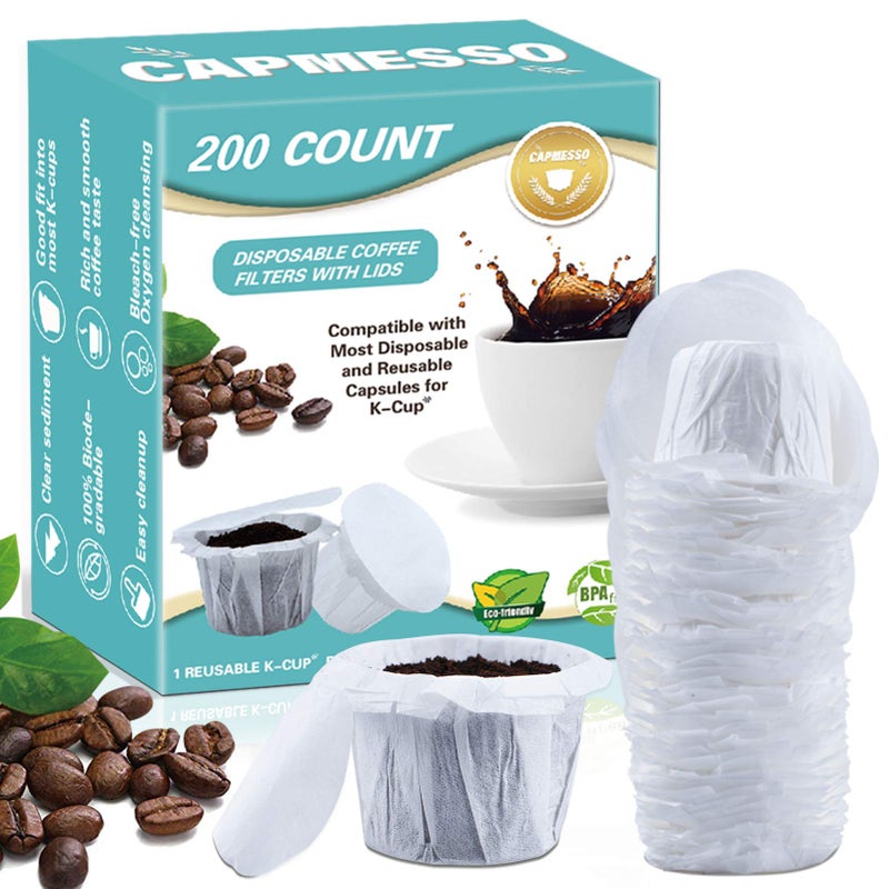 CAPMESSO Disposable Coffee Filters with Lid Kerig Paper Filter for Reusable Single Serve Pods Compatible with Keurg 2.0 & 1.0 Coffee Maker (White, 200) - Image 1